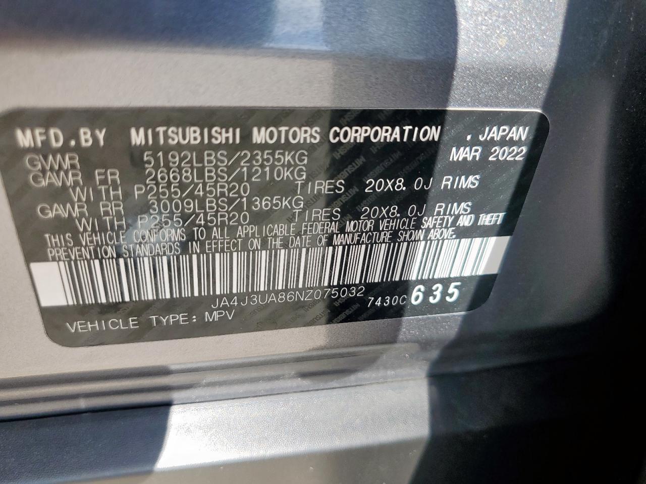 2022 Mitsubishi Outlander Se VIN: JA4J3UA86NZ075032 Lot: 93195635