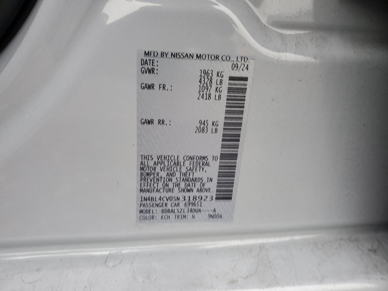 2025 Nissan Altima Sr VIN: 1N4BL4CV0SN318923 Lot: 93409865