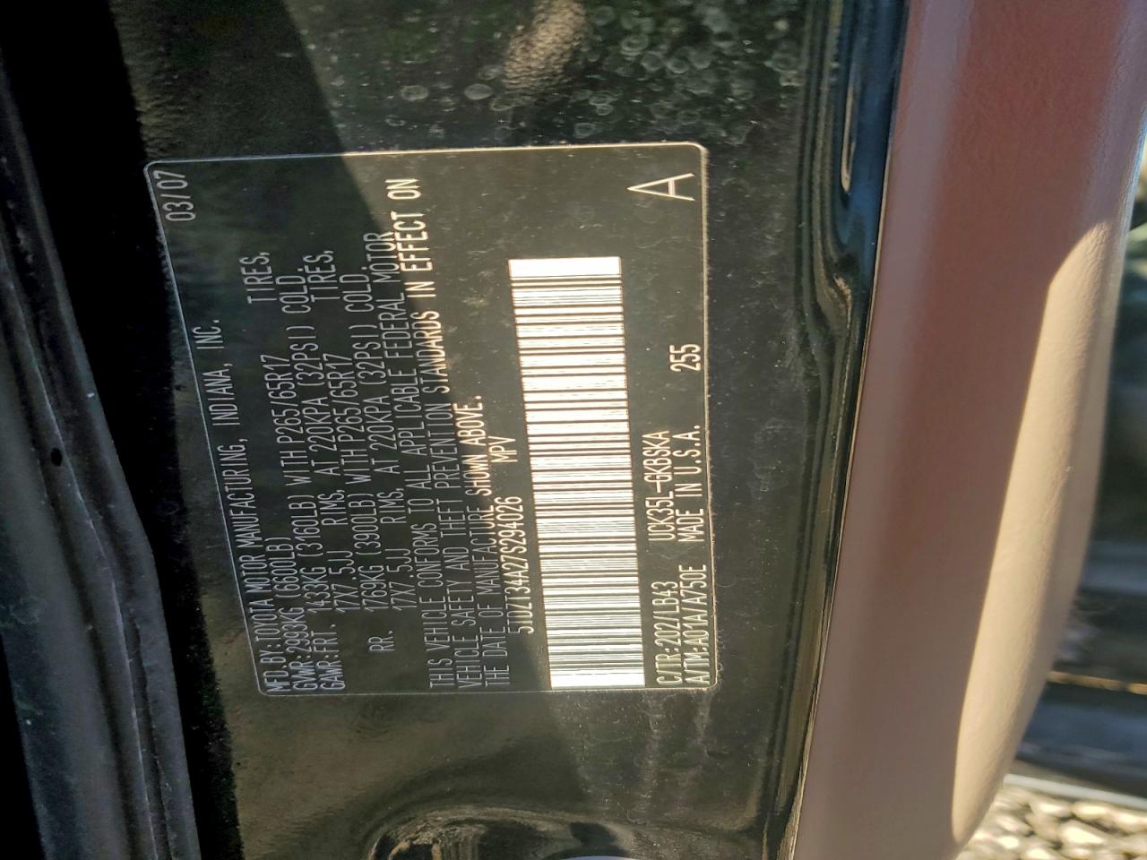 2007 Toyota Sequoia Sr5 VIN: 5TDZT34A27S294026 Lot: 93828505