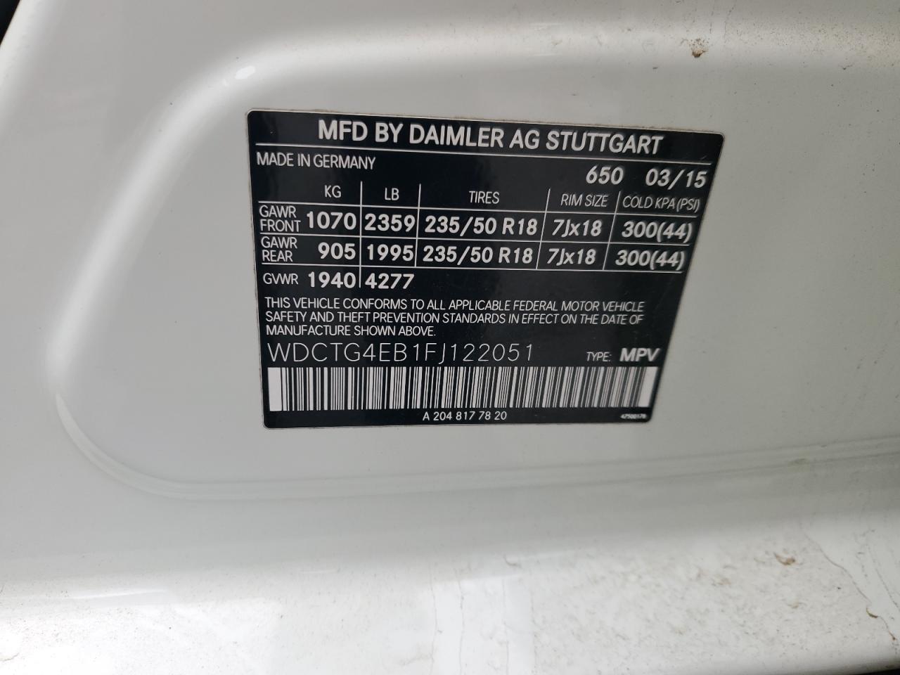 2015 Mercedes-Benz Gla 250 VIN: WDCTG4EB1FJ122051 Lot: 93224435