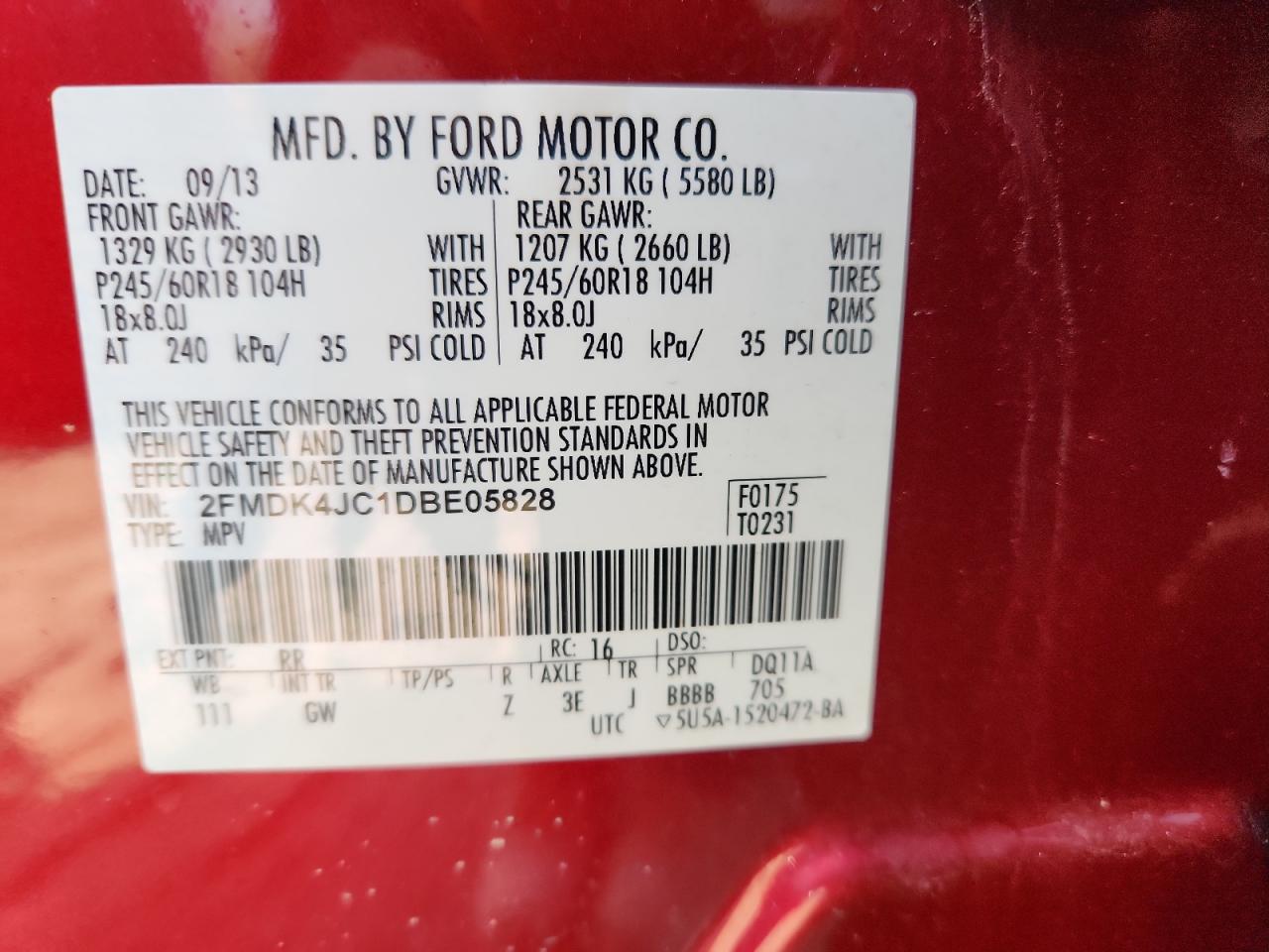 2013 Ford Edge Sel VIN: 2FMDK4JC1DBE05828 Lot: 91221525