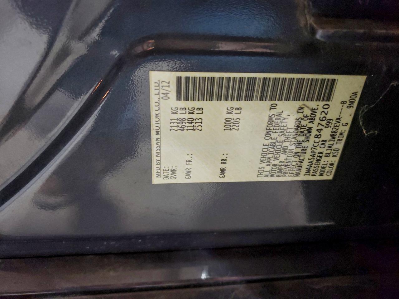 2012 Nissan Maxima S VIN: 1N4AA5AP7CC847620 Lot: 93352705