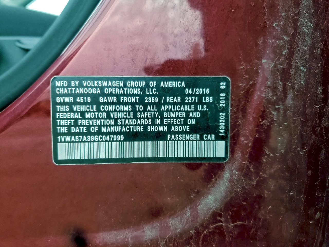 2016 Volkswagen Passat S VIN: 1VWAS7A39GC047999 Lot: 93884325