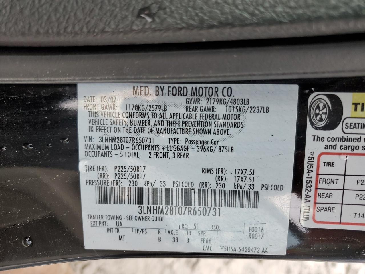 2007 Lincoln Mkz VIN: 3LNHM28T07R650731 Lot: 91139455