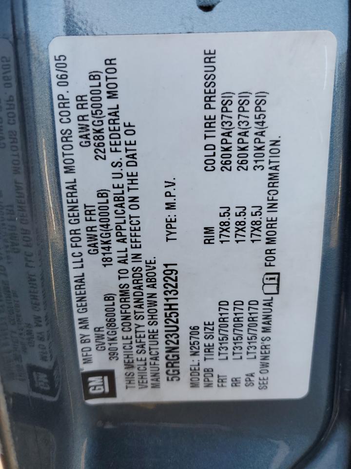 2005 Hummer H2 VIN: 5GRGN23U25H132291 Lot: 91858815