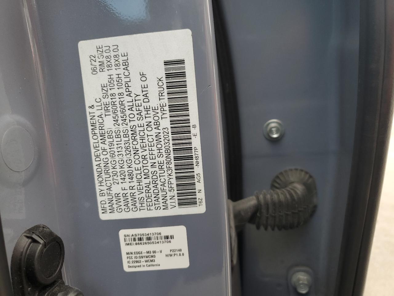 2022 Honda Ridgeline Black Edition VIN: 5FPYK3F80NB032023 Lot: 92195735