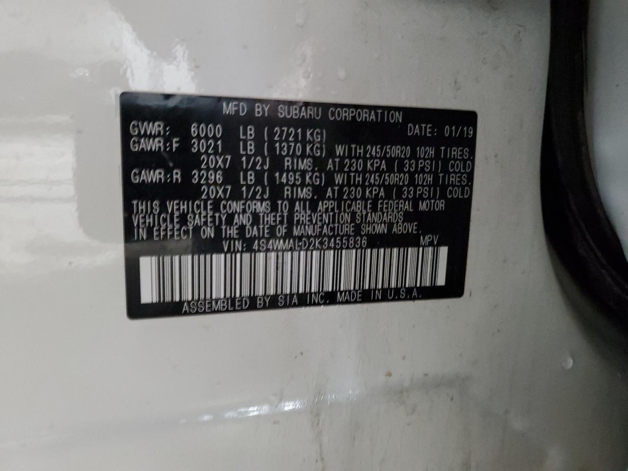 2019 Subaru Ascent Limited VIN: 4S4WMALD2K3455836 Lot: 92860855