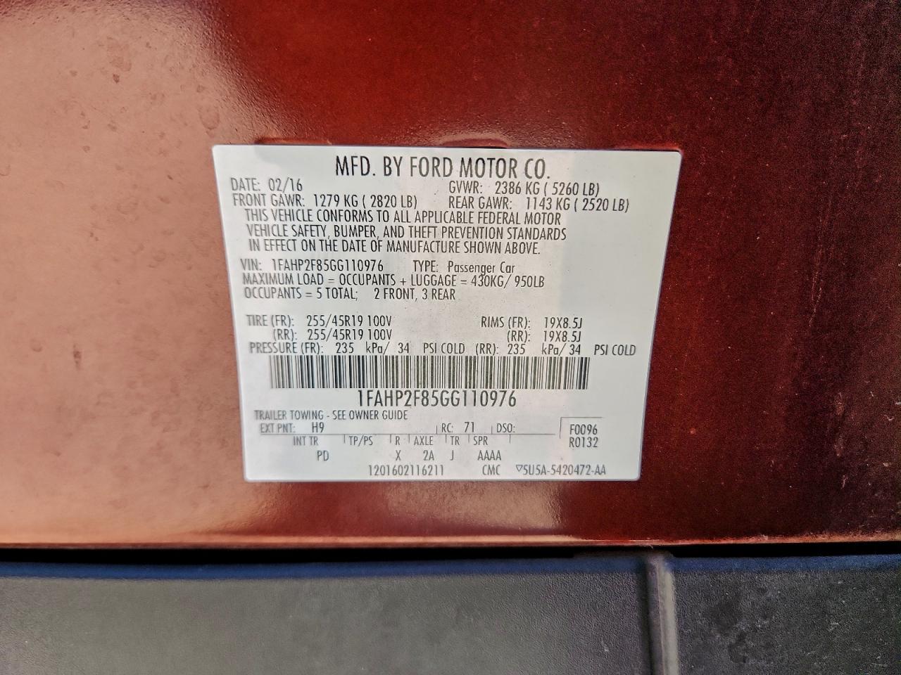 2016 Ford Taurus Limited VIN: 1FAHP2F85GG110976 Lot: 94653345