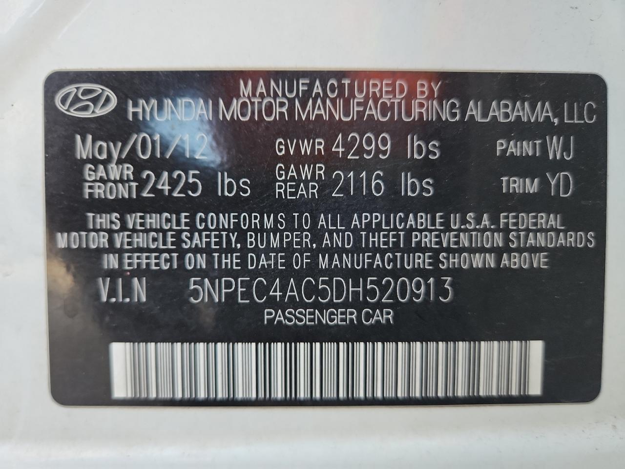 2013 Hyundai Sonata Se VIN: 5NPEC4AC5DH520913 Lot: 93486805