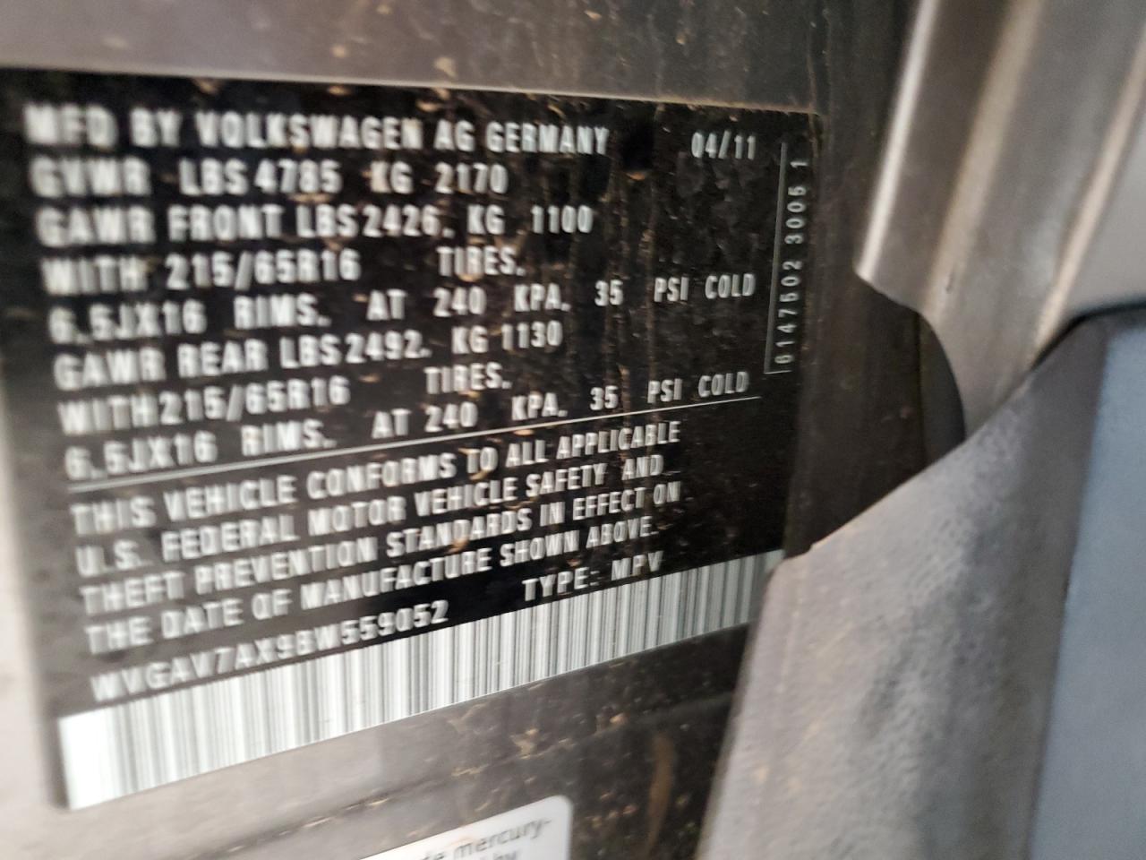 2011 Volkswagen Tiguan S VIN: WVGAV7AX9BW559052 Lot: 93360355