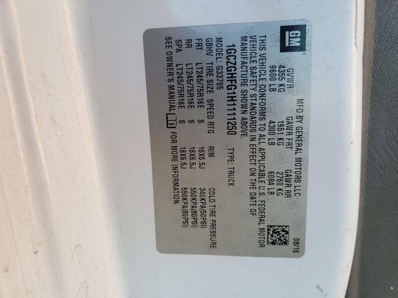 2017 Chevrolet Express G3500 Delivery Van VIN: 1GCZGHFG1H1111250 Lot: 92835825