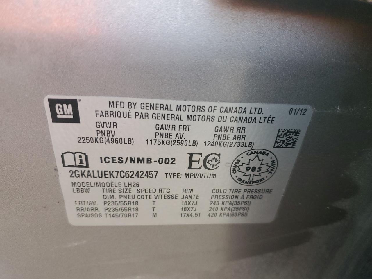 2012 GMC Terrain Slt VIN: 2GKALUEK7C6242457 Lot: 91863475