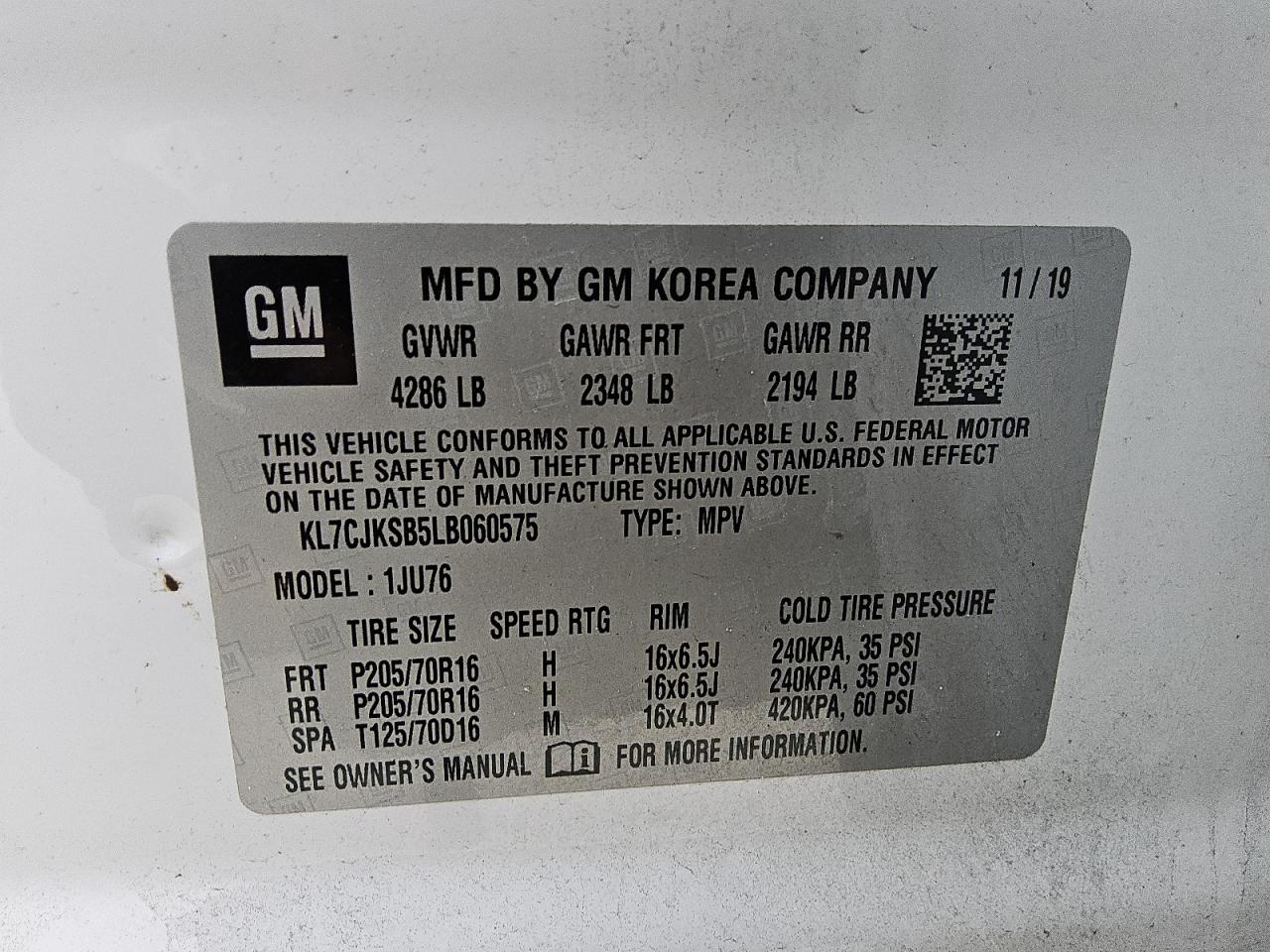 2020 Chevrolet Trax Ls VIN: KL7CJKSB5LB060575 Lot: 92239345