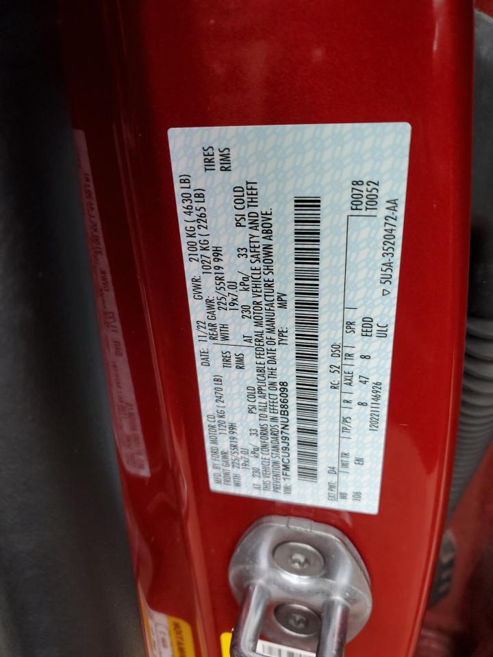 2022 Ford Escape Titanium VIN: 1FMCU9J97NUB86098 Lot: 93633305