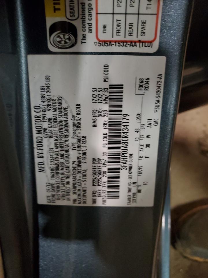 2012 Ford Fusion Sel VIN: 3FAHP0JA8CR434179 Lot: 92394575