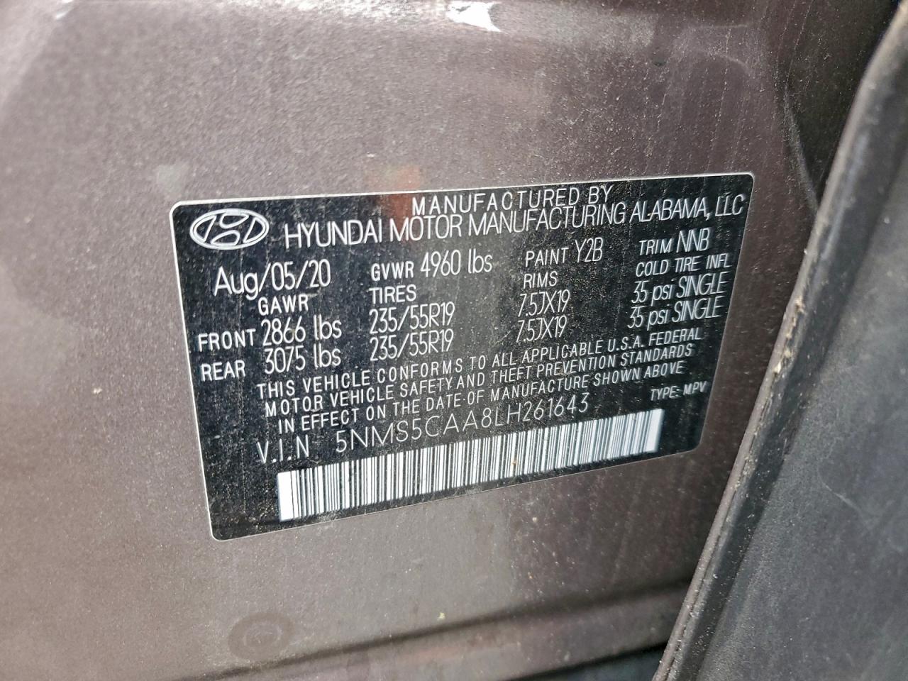 2020 Hyundai Santa Fe Limited VIN: 5NMS5CAA8LH261643 Lot: 93741275