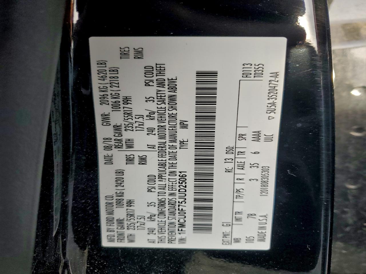 2018 Ford Escape S VIN: 1FMCU0F75JUD25061 Lot: 94157905