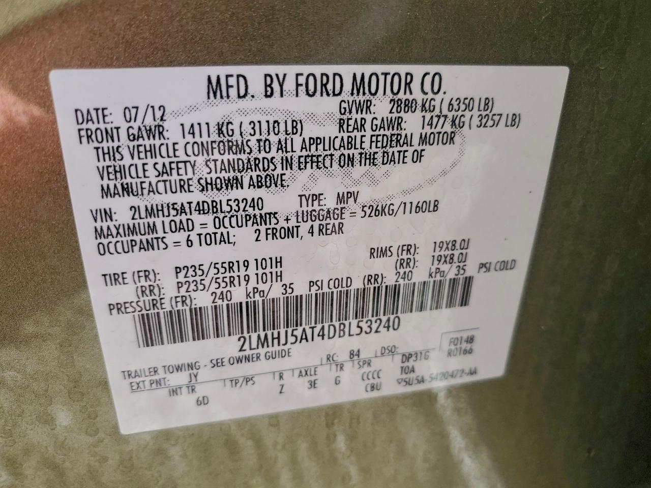 2013 Lincoln Mkt VIN: 2LMHJ5AT4DBL53240 Lot: 94413765