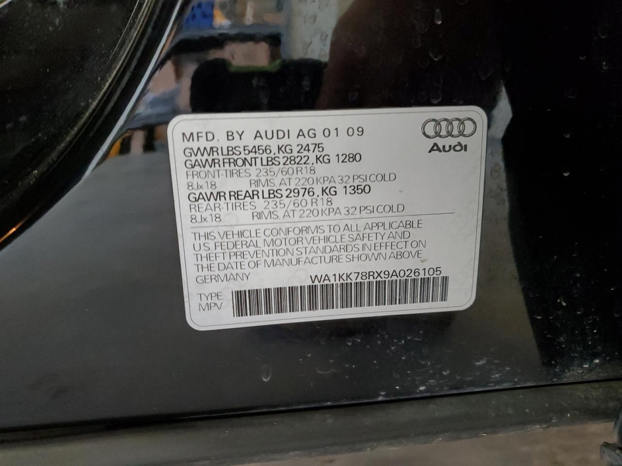 2009 Audi Q5 3.2 VIN: WA1KK78RX9A026105 Lot: 91101585