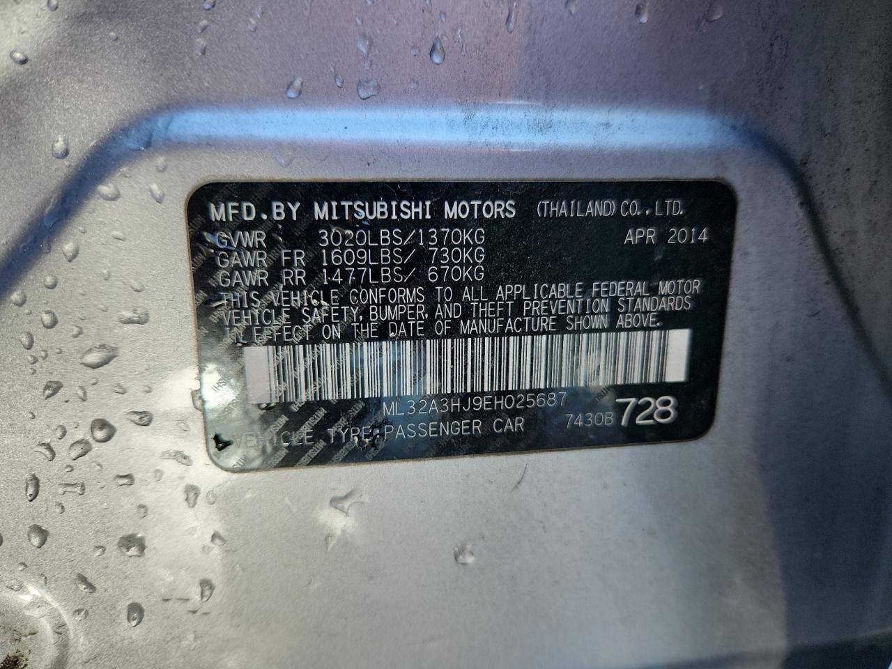 2014 Mitsubishi Mirage De VIN: ML32A3HJ9EH025687 Lot: 90755445