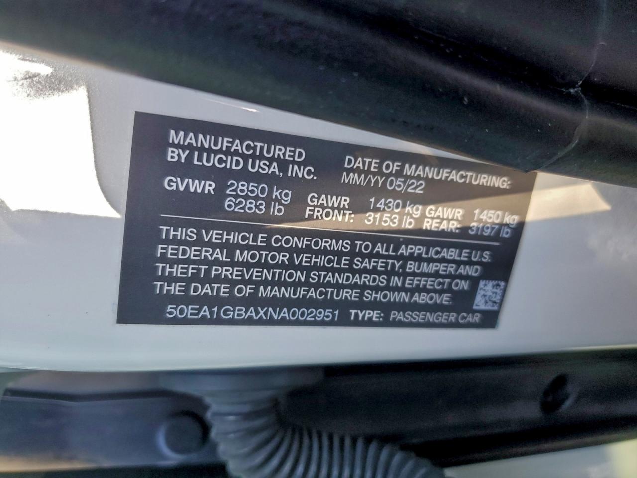 2022 Lucid Motors Air Grand Touring VIN: 50EA1GBAXNA002951 Lot: 91626895