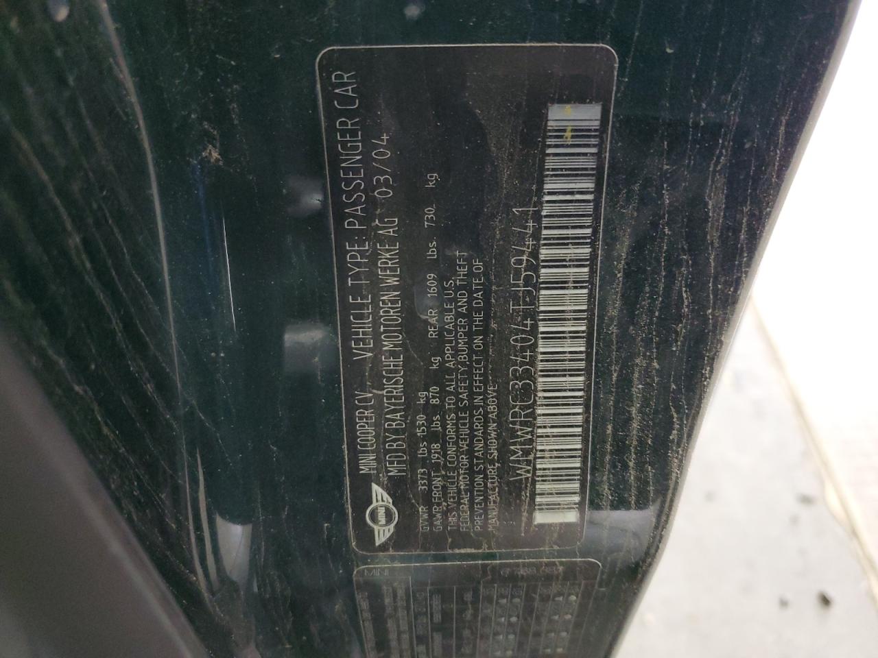 2004 Mini Cooper VIN: WMWRC33404TJ59441 Lot: 92320035