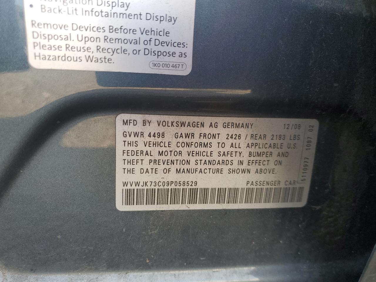 2009 Volkswagen Passat Turbo VIN: WVWJK73C09P058529 Lot: 93400765