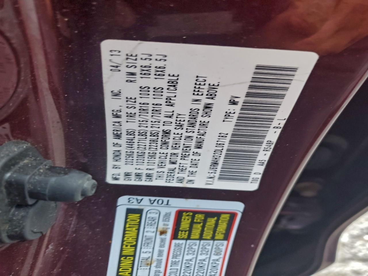 2013 Honda Cr-V Lx VIN: 5J6RM4H32DL067182 Lot: 93817835