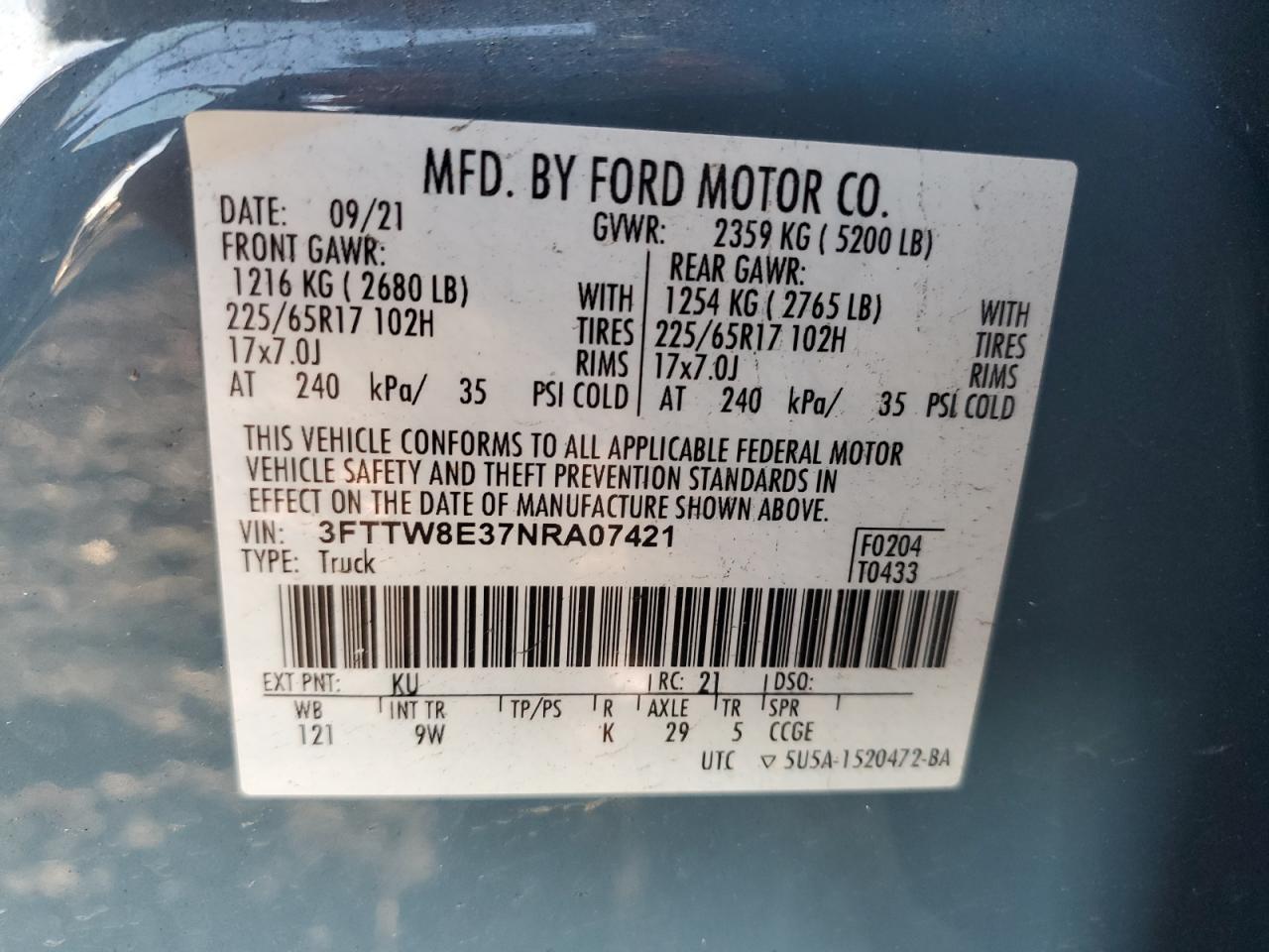 2022 Ford Maverick Xl VIN: 3FTTW8E37NRA07421 Lot: 91508965