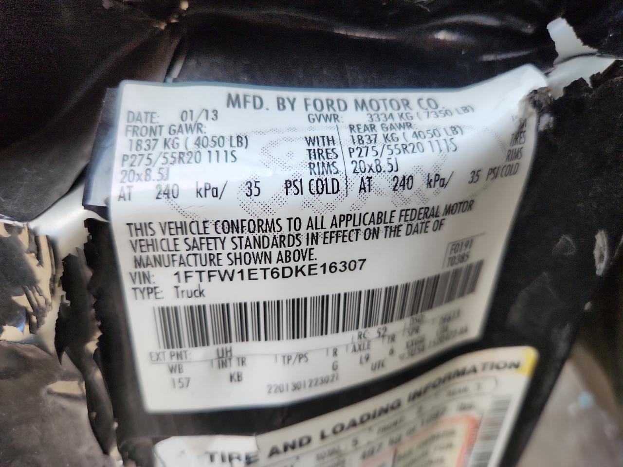 2013 Ford F150 Supercrew VIN: 1FTFW1ET6DKE16307 Lot: 92705545