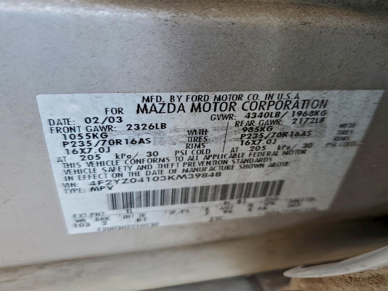 2003 Mazda Tribute Lx VIN: 4F2YZ04103KM39848 Lot: 93818455