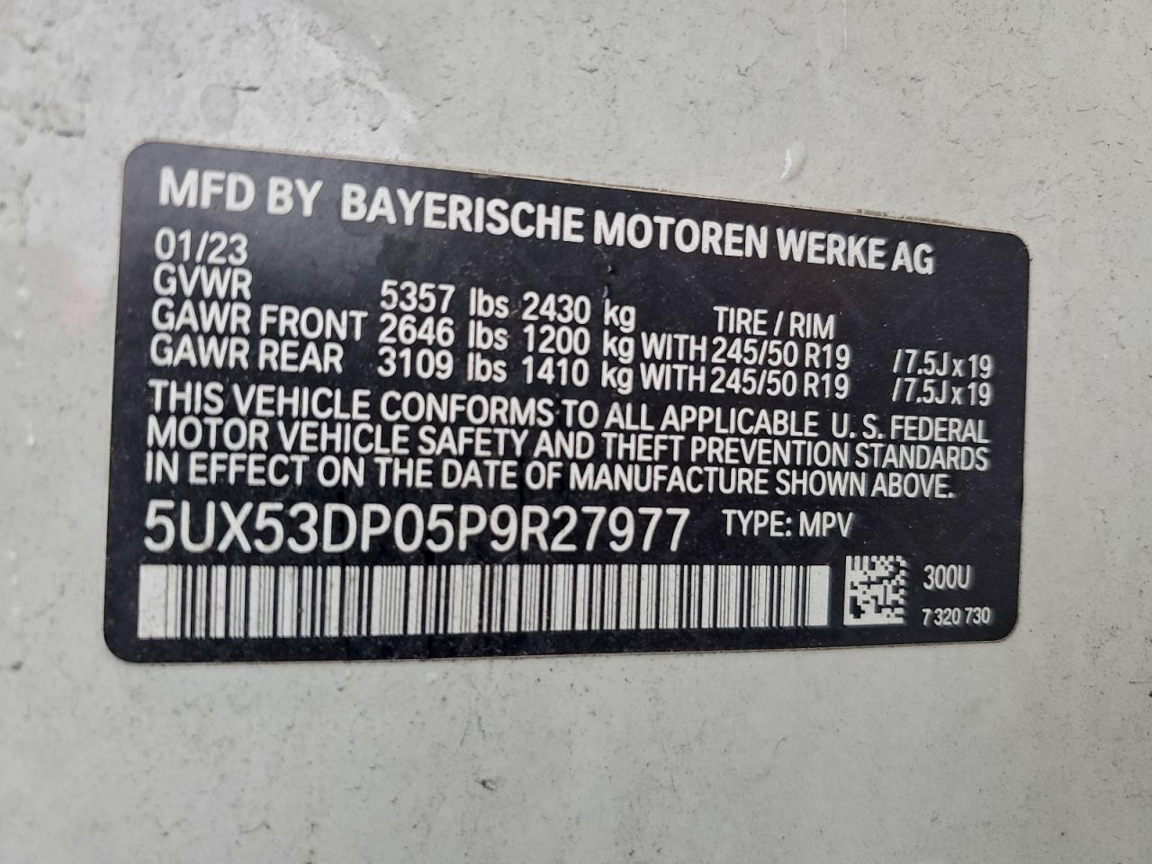 2023 BMW X3 xDrive30I VIN: 5UX53DP05P9R27977 Lot: 93809535