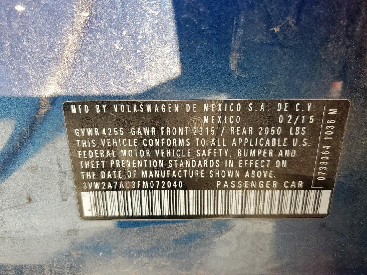 2015 Volkswagen Golf Tdi VIN: 3VW2A7AU3FM072040 Lot: 91564155