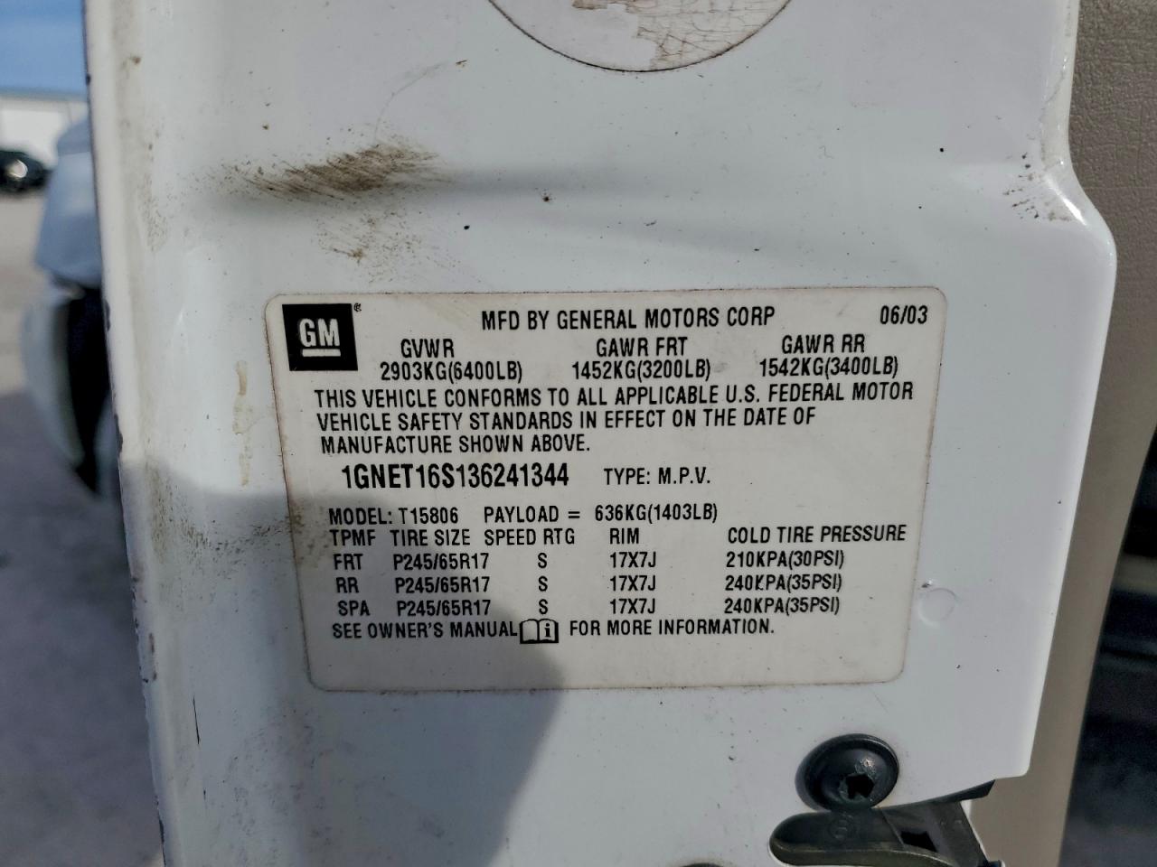 2003 Chevrolet Trailblazer Ext VIN: 1GNET16S136241344 Lot: 93622785