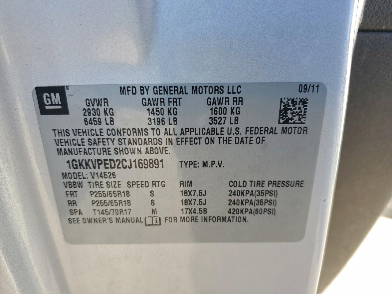 2012 GMC Acadia Sle VIN: 1GKKVPED2CJ169891 Lot: 94502215