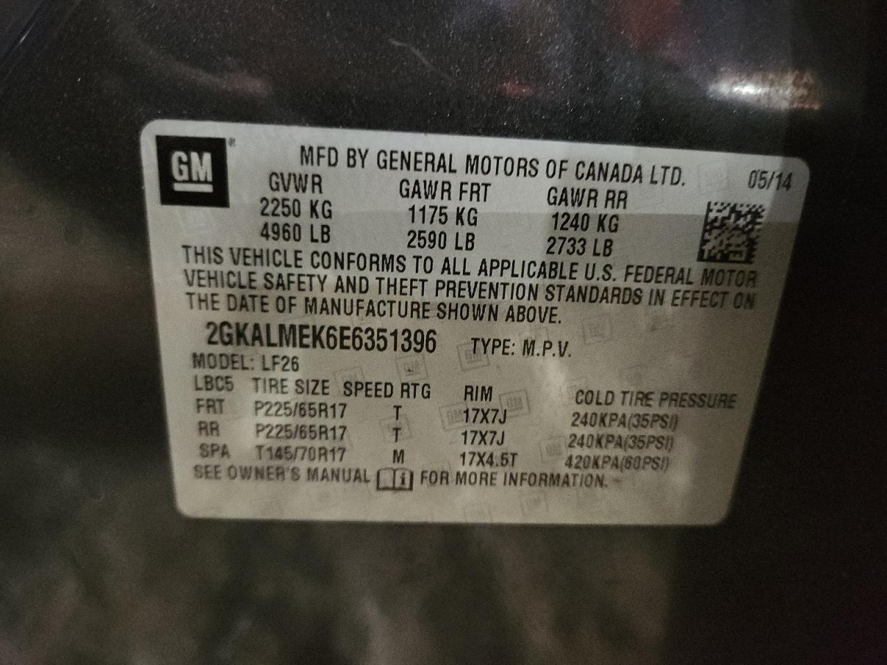 2014 GMC Terrain Sle VIN: 2GKALMEK6E6351396 Lot: 93101105