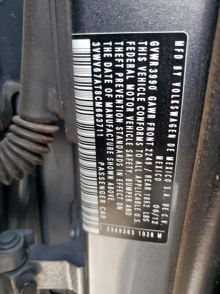 2012 Volkswagen Beetle Turbo VIN: 3VWV67AT8CM663711 Lot: 93427005