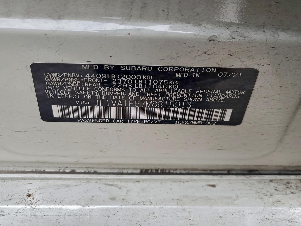 2021 Subaru Wrx Premium VIN: JF1VA1F67M8815913 Lot: 93678405