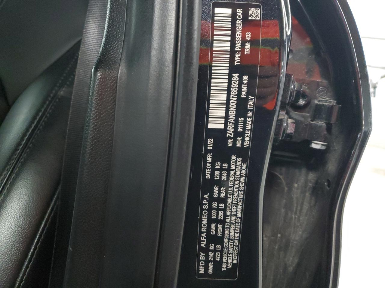 2022 Alfa Romeo Giulia Super VIN: ZARFANBNXN7659284 Lot: 92082805