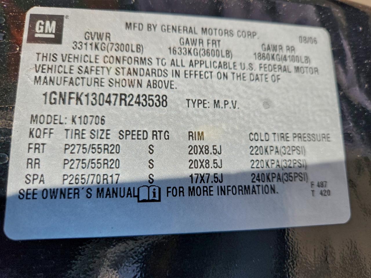 2007 Chevrolet Tahoe K1500 VIN: 1GNFK13047R243538 Lot: 94256075