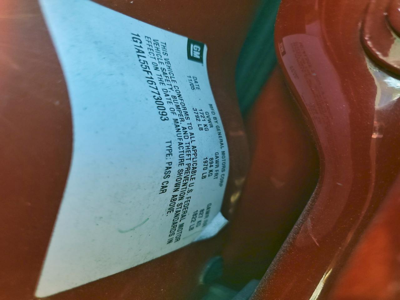 2006 Chevrolet Cobalt Lt VIN: 1G1AL55F167730093 Lot: 94060415