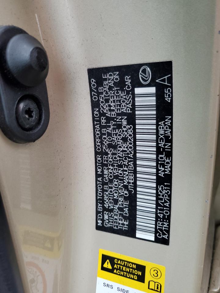 2010 Lexus Hs 250H VIN: JTHBB1BA1A2002083 Lot: 92600035