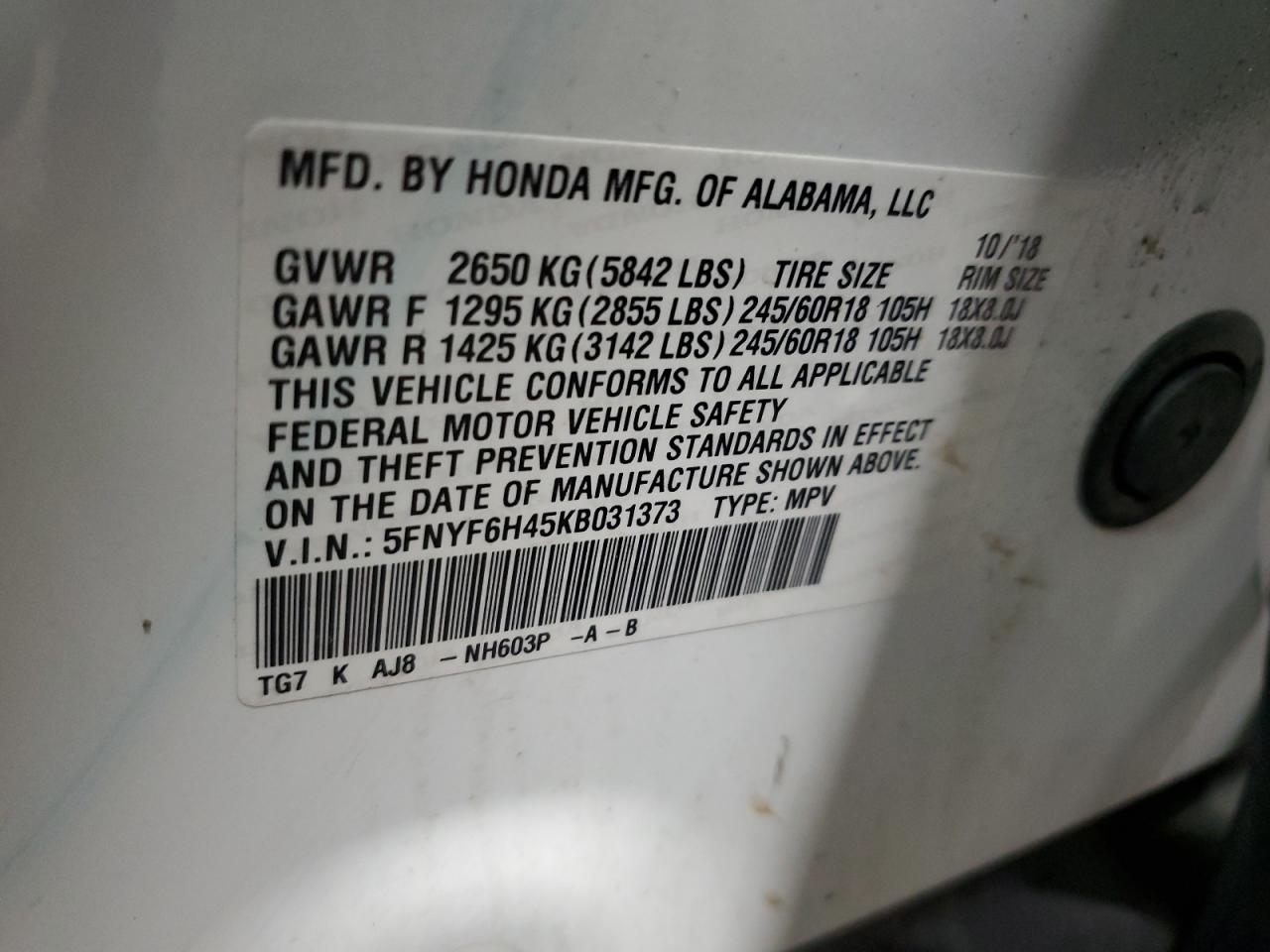 2019 Honda Pilot Exl VIN: 5FNYF6H45KB031373 Lot: 92730665