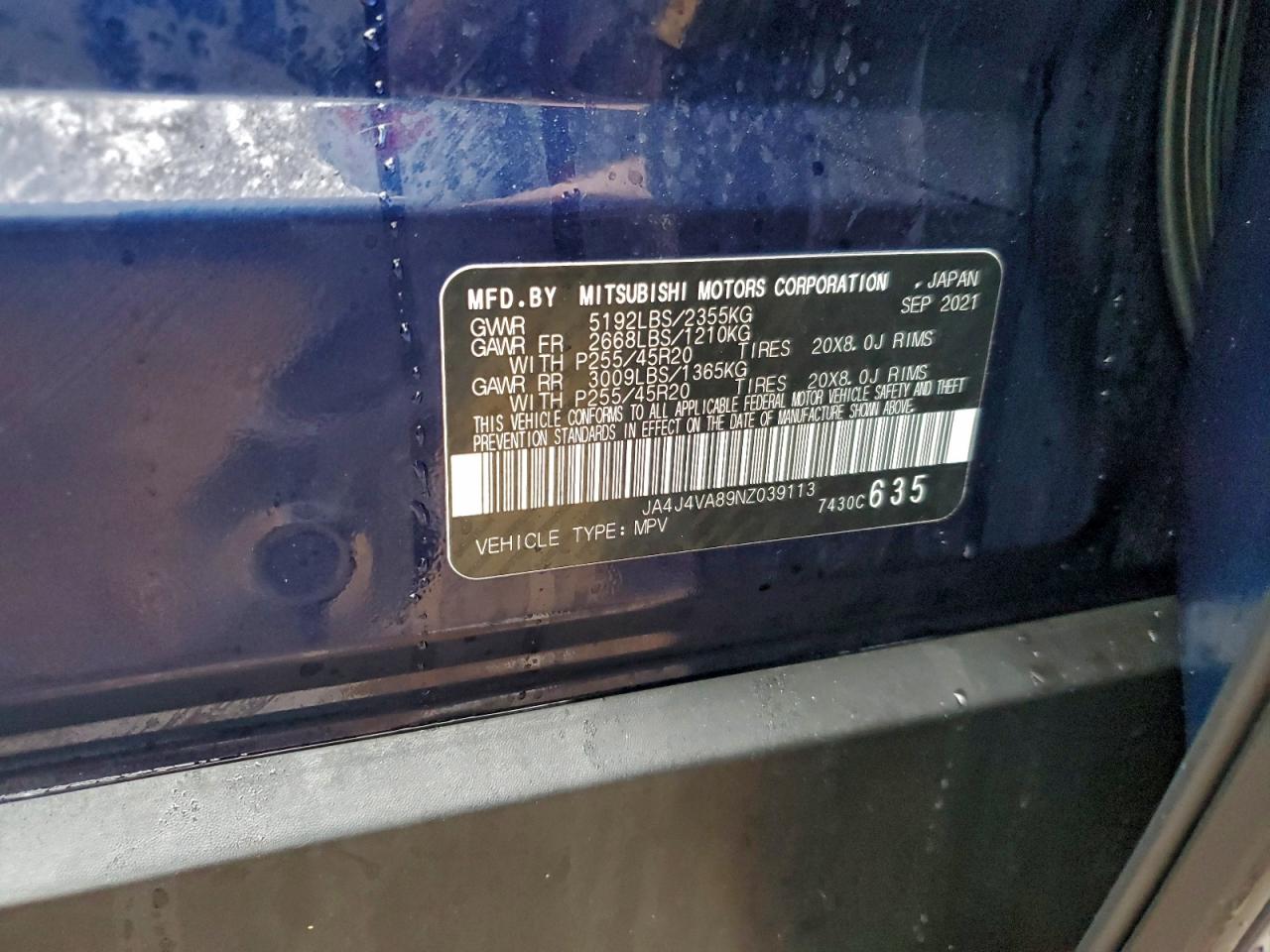 2022 Mitsubishi Outlander Sel VIN: JA4J4VA89NZ039113 Lot: 93754475