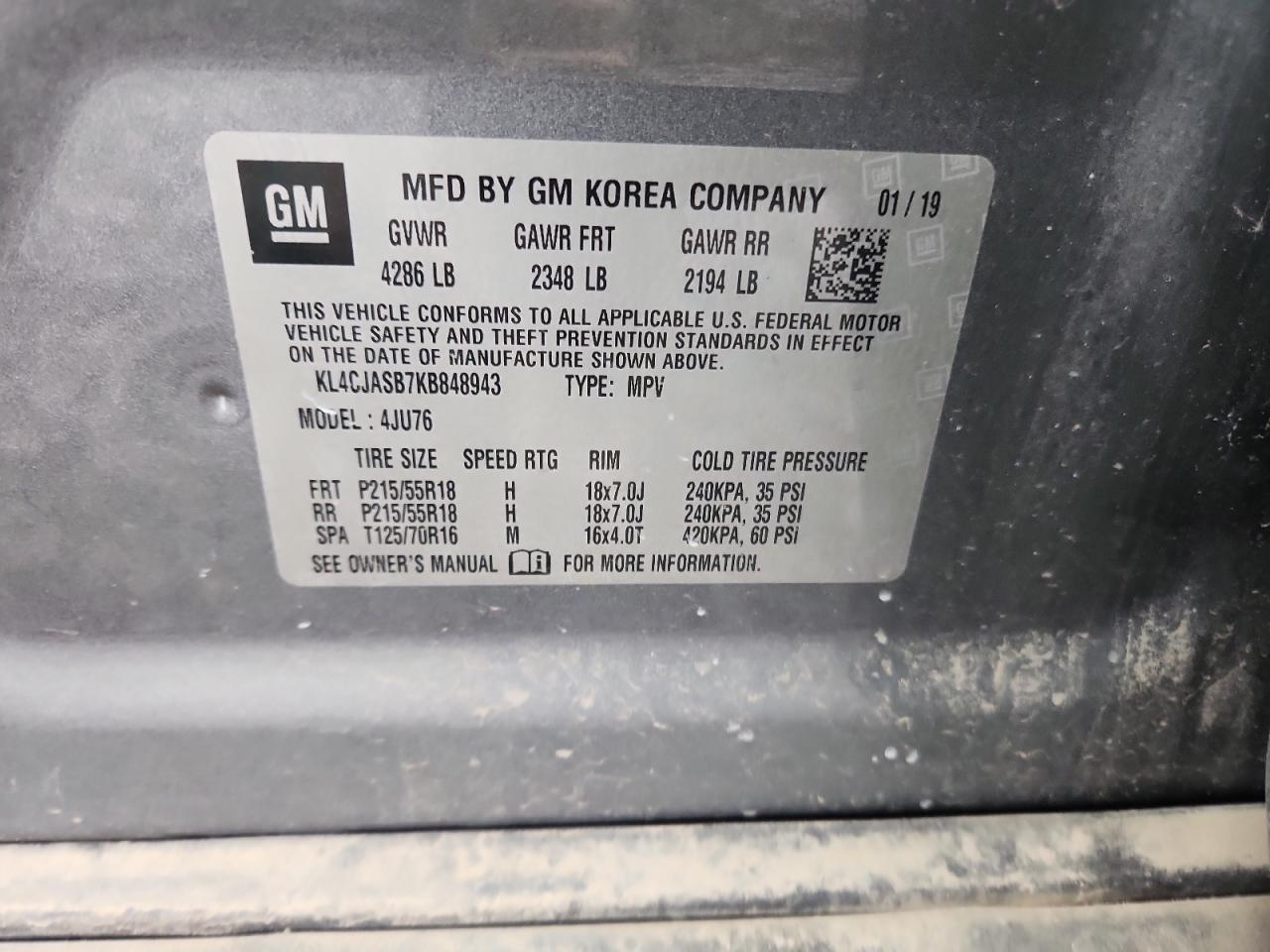 2019 Buick Encore Preferred VIN: KL4CJASB7KB848943 Lot: 91709385