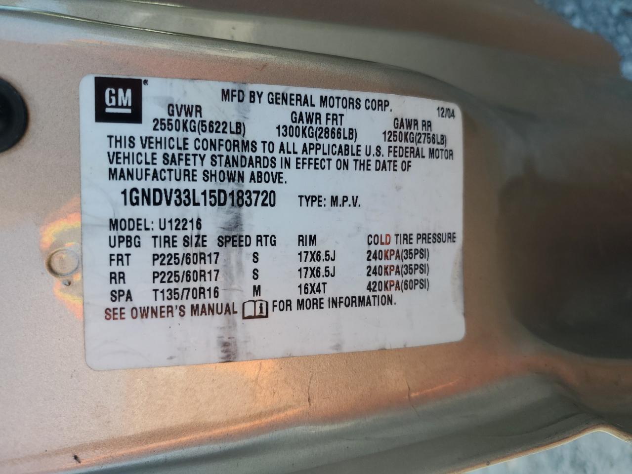 2005 Chevrolet Uplander Lt VIN: 1GNDV33L15D183720 Lot: 92543805