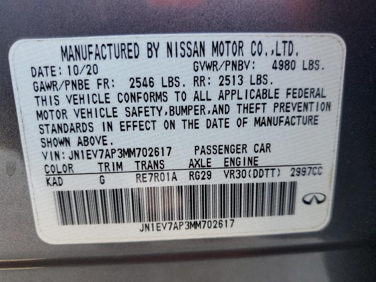 2021 Infiniti Q50 Pure VIN: JN1EV7AP3MM702617 Lot: 92897175