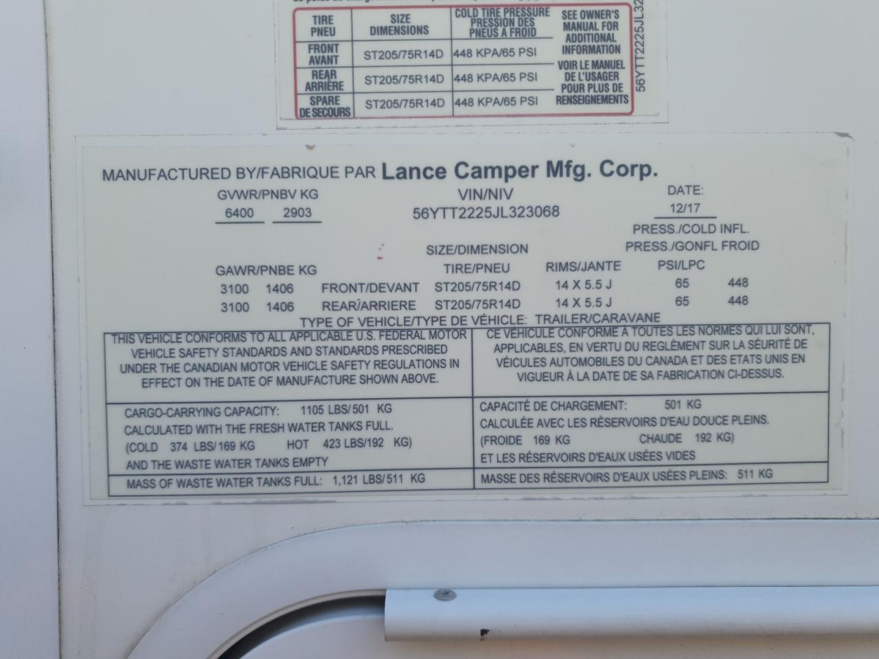 2018 Lance Camper - Camper VIN: 56YTT2225JL323068 Lot: 92320045