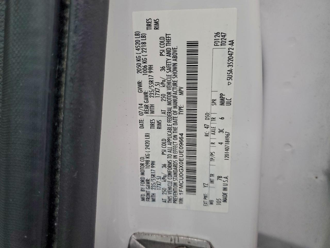 2014 Ford Escape Se VIN: 1FMCU0GX0EUE09664 Lot: 94677705