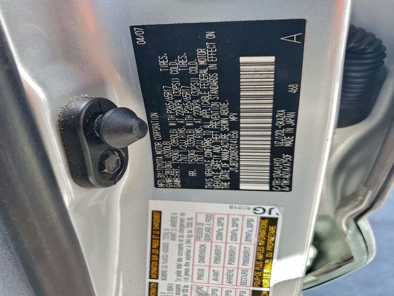 2007 Lexus Gx 470 VIN: JTJBT20X870141656 Lot: 94680215